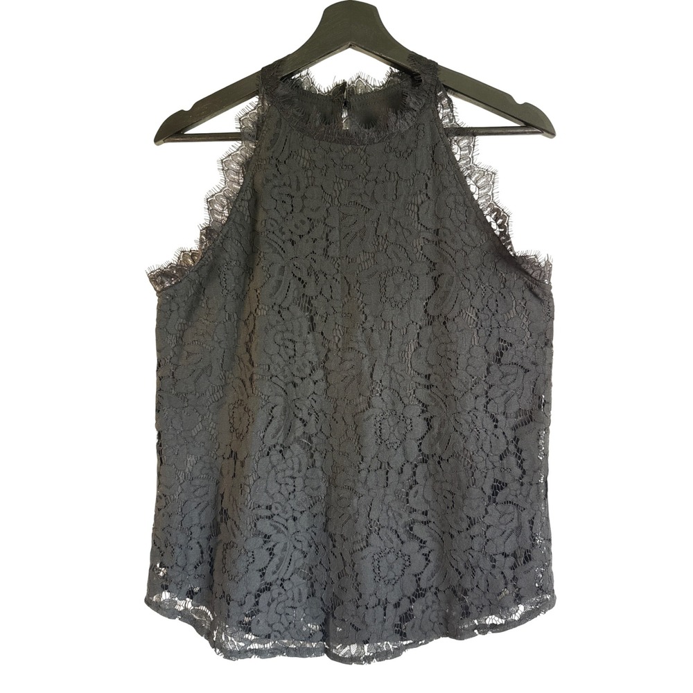 Halife Black Floral Lace Halter Top Sleeveless Eyelash Trim Keyhole Back Small